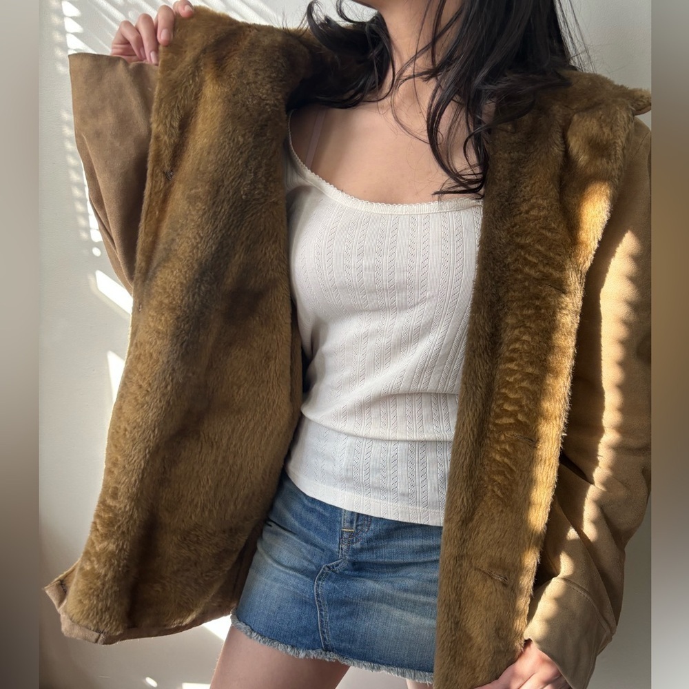 Vintage Tan Brown Preppy Boho Faux Fur Indie Suede Grunge Streetwear Jacket - XL